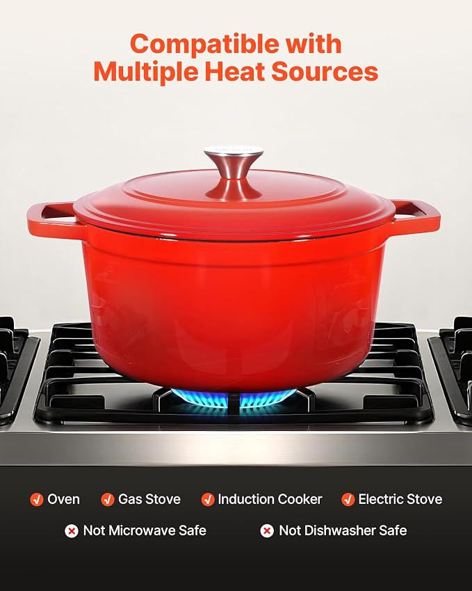 VEVOR Enameled Cast Iron Dutch Oven, 6 Quart Pot with Lid and Dual Handles, Heavy-Duty Durable Cookware Pan, Oven Induction Compatible up to 500℉, for Braising, Stews, Roasting, Bread Baking, Red