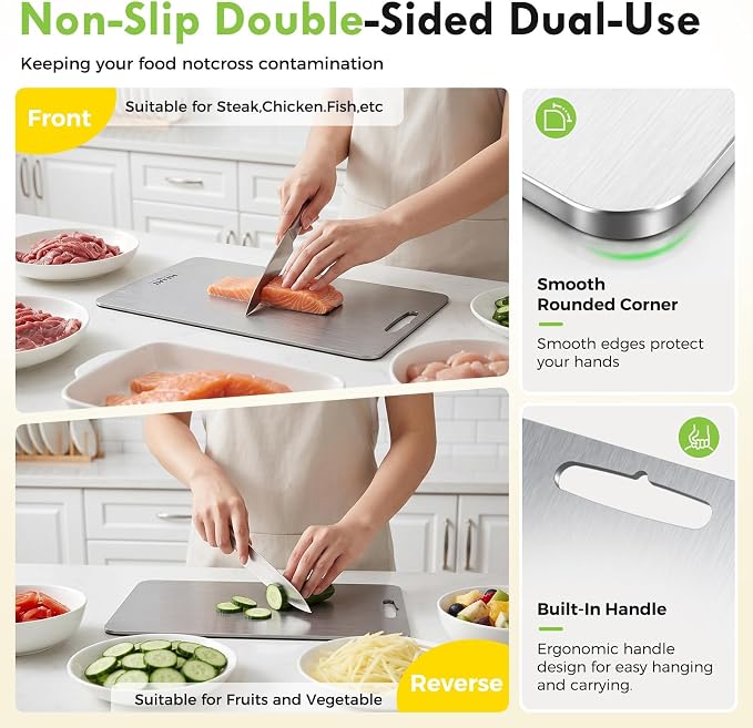 100% Titanium Cutting Board Set of 3, Double-Sided Kitchen Boards | 3-Piece Multi-Size Set One-Piece Pure Titanium Reversible Double-Sided Design Dishwasher Safe Gift-Ready Packaging