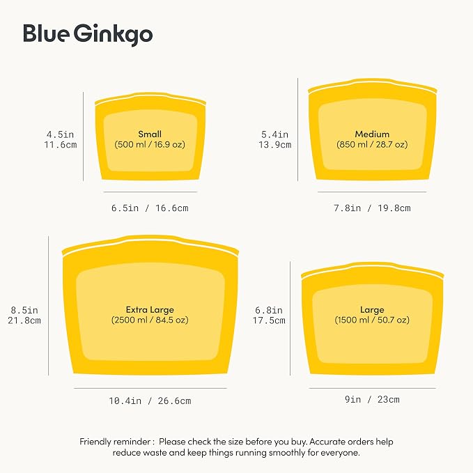 Blue Ginkgo Silicone Food Storage Bags, 4-Pack, Reusable, Made in Korea | Leakproof. Stand Up. Freezer and Dishwasher Safe. (Pumpkin)