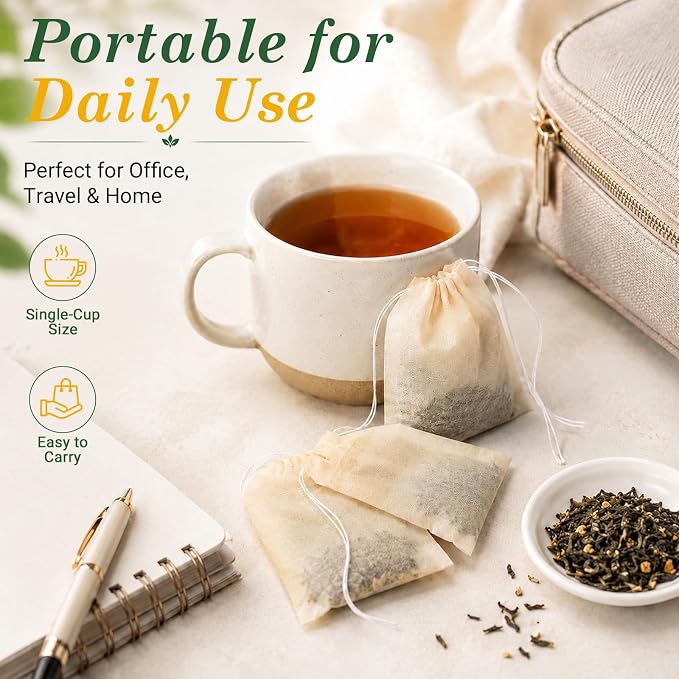 300PCS Disposable Tea Filter Bags with Drawstring | 100% Natural & Safe Loose Leaf Tea Empty Tea Bags, 1-Cup Capacity