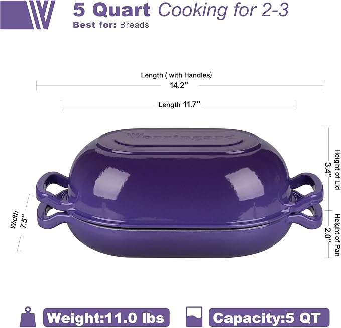 VORRINGARD Enameled Cast Iron Sourdough Bread Oven, Dutch Oven, Loaf Cast Iron Bread Pan for Homemade Bread Baking, Meatloaf Pan with Lid, 5QT, Purple