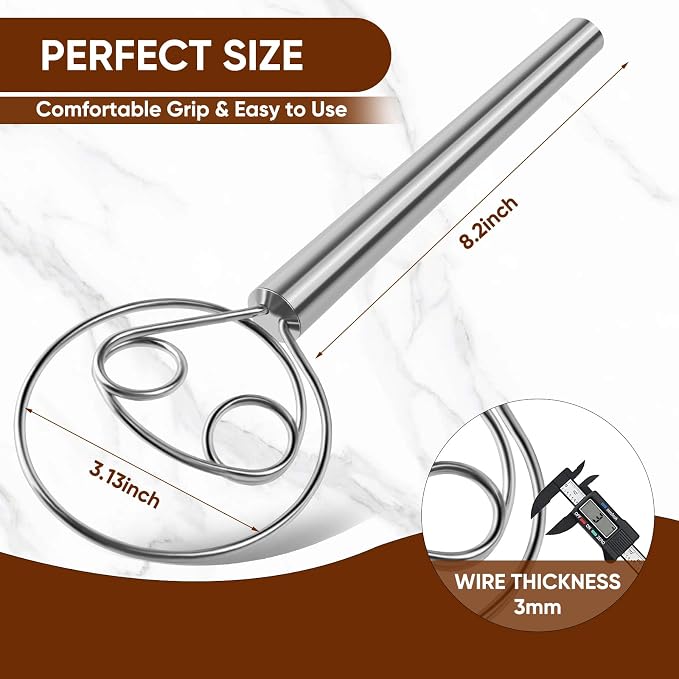 Maxjoy Danish Dough Whisk Stainless Steel for Sourdough Bread | Dutch Dough Hook, Replaces Dough Mixer Spoon, Food Grade & Rust Resistant, Easy Clean & Dishwasher Safe, Home Baking Tool