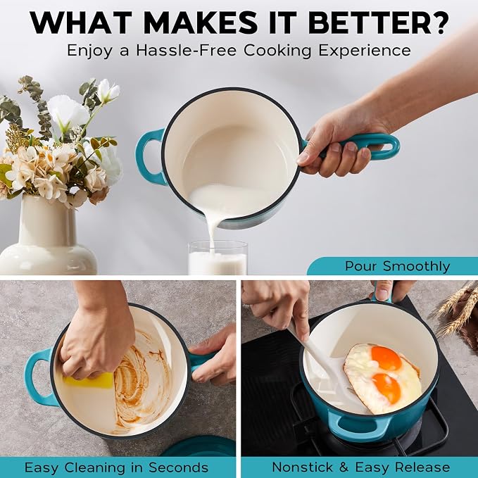 Onader 3QT Enameled Cast Iron Saucepan with Lid, Small Sauce Pan, Enamel Cast Iron Dutch Oven Cooking Pot, Nonstick & Heavy Duty – Dark Cyan