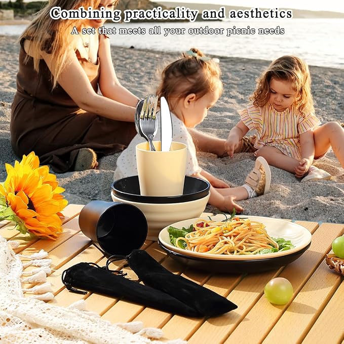 Kyraton Camping Utensils - Travel & Picnic Mess Kit, Silverware Set Includes Knife, Spoon, Fork, Cup, Bowl, Plate - Camping Essentials for 2