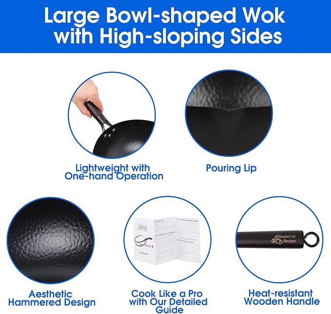 Souped Up Recipes 13.4 Inch Carbon Steel Wok For Electric, Induction and Gas Stoves (Lid, Spatula and User Guide Video Included)