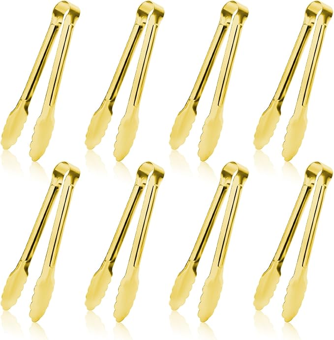8PCS Gold Mini Metal Tongs, 5" Stainless Steel Serving Tiny Tong, Small Kitchen Accessories for Appetizer, Ice, Sugar Cube, Salad, Toaster, Desserts (Gold, 5 INCH)