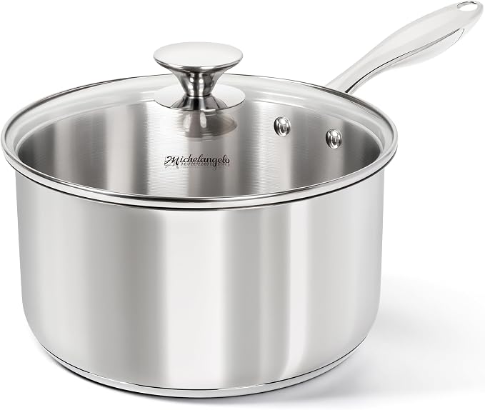 MICHELANGELO 4 Quart Saucepan with Lid, Thick Bottom Stainless Steel Saucepan with Cover, 4 QT Sauce Pot, Induction Ready & Dishwasher Safe