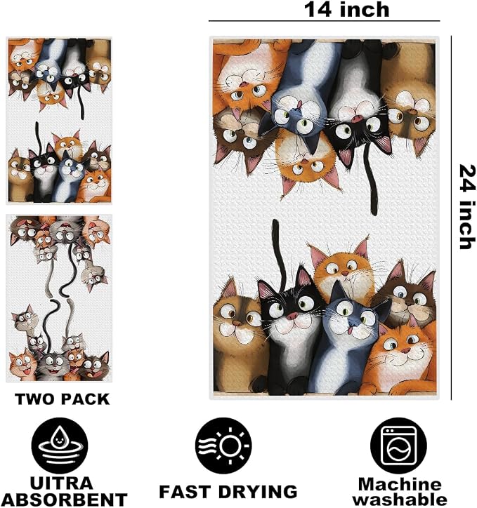 Jztco 2 Pcs Cute Cat Kitchen Towels, Cats Soft Absorbent Hand Tea Towels | Cat Lover Gifts for Women Mom Microfiber Dish Cloths for Drying Dishes, Waffle Dish Towels for Kitchen Home Bathroom Decor