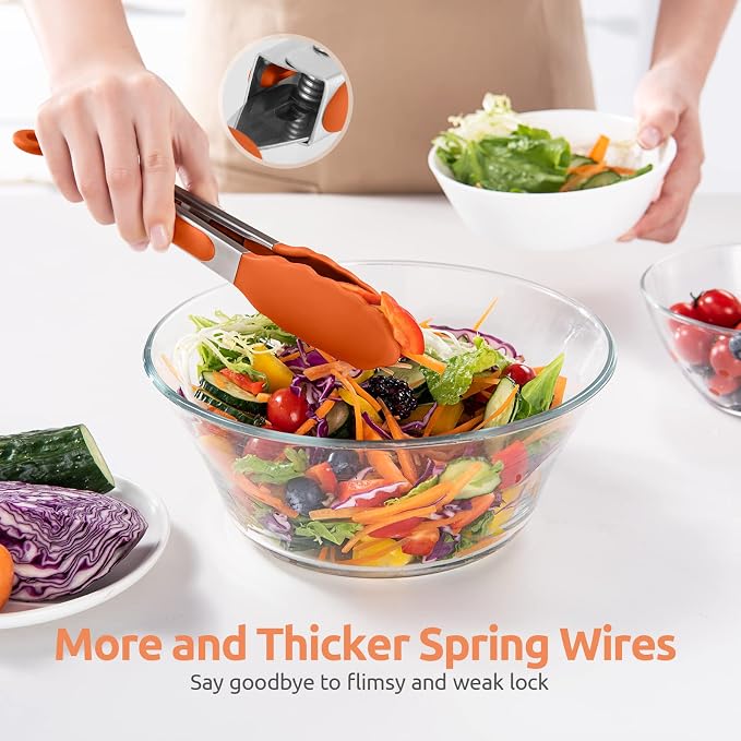 U-Taste Kitchen Tong for Cooking, 600ºF Heat-Resistant Tps, 9in/Orange | Rubber Tong for Serving Food, Salad/Grill/BBQ/Steak/Pasta Silicon Tongs, 18/8 Stainless Steel Handle & Smooth Locking