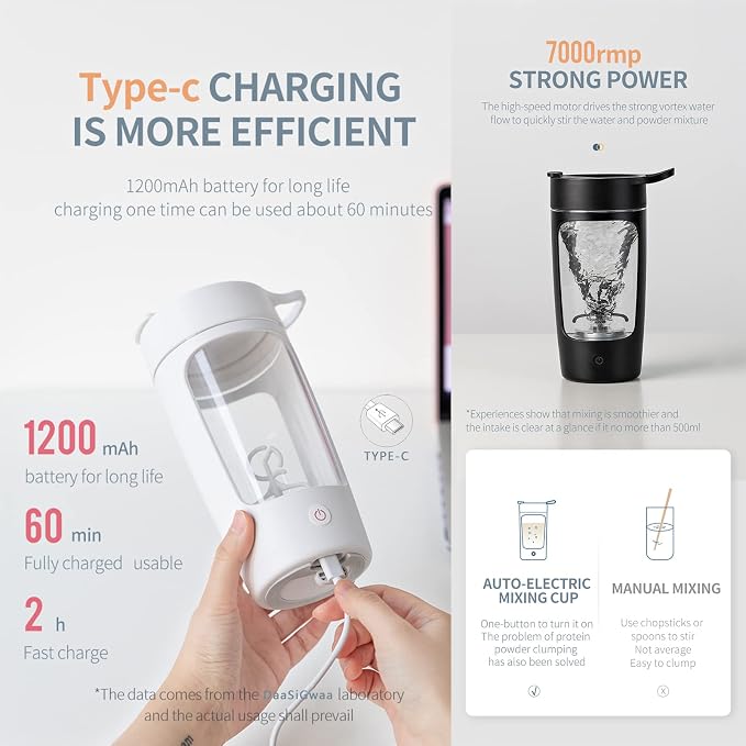 Electric Shaker Bottle 22oz Rechargeable Self Stirring Cup BPA Free Tritan | Portable, leak-proof, easy clean, powerful motor. For protein, coffee, milk, gym, kitchen, office, school, travel