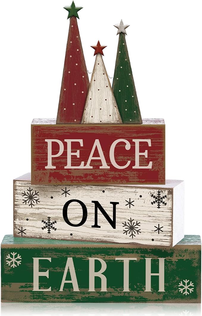 Lineshading 4 Pcs Christmas Table Decoration Wooden Christmas Tree Signs | Stackable Wooden Signs with Tree Topper for Tiered Tray, Rustic Tabletop Mantel Decor, Farmhouse Holiday Gift Accent