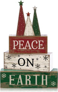 Lineshading 4 Pcs Christmas Table Decoration Wooden Christmas Tree Signs | Stackable Wooden Signs with Tree Topper for Tiered Tray, Rustic Tabletop Mantel Decor, Farmhouse Holiday Gift Accent