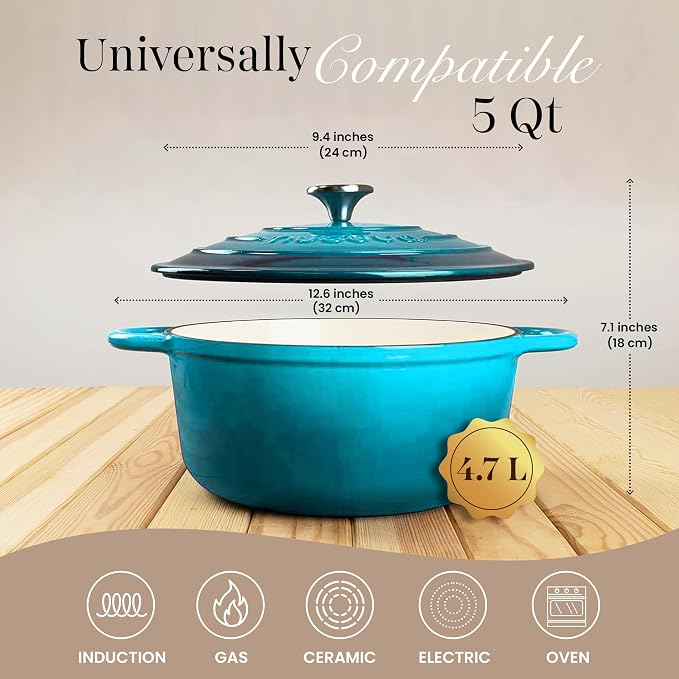 Cast Iron Pot with Lid - Non-Stick Ovenproof Enamelled Casserole Pot, Oven Safe up to 500° F-Sturdy Dutch Oven Cookware - Blue, 5-Quart, 24cm-by Nuovva