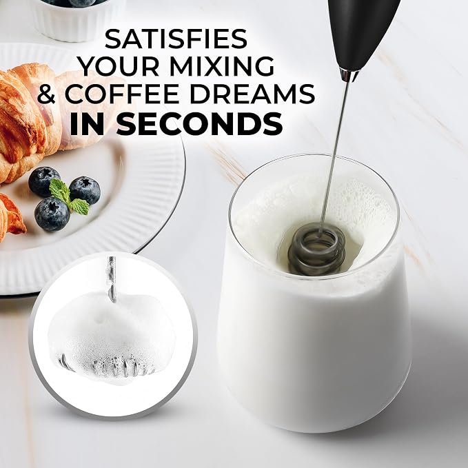 Zulay Kitchen Powerful Milk Frother Wand With Duracell Batteries - Ultra Fast Handheld Drink Mixer - Electric Whisk Foam Maker for Coffee, Lattes, Cappuccino & Matcha - Triple Whisk - Quartz Obsidian