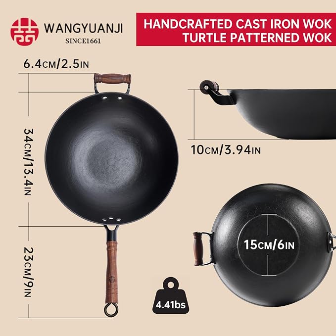 WANGYUANJI 13.4" Cast Iron Wok with Glass Lid, Flat Bottom | Uncoated cast iron wok with glass lid for stir-frying on induction, gas and electric stoves.