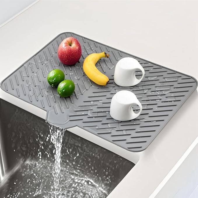 Silicone Dish Drying Mat for Kitchen Counter, 23" x 17" Grey-1pcs | Heat Resistant & Non-Slip Dish Drain Pad with Built-In Drain, Quick-Dry, Hangable & Roll-Up for Storage，Multi-Functional Use