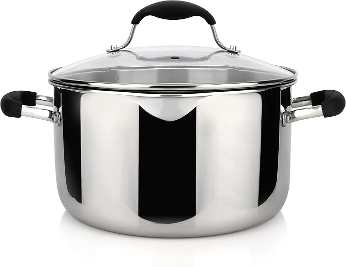 AVACRAFT 6 Quart Tri-Ply Stainless Steel Stock Pot with Glass Strainer Lid | 18/10 Stainless Steel, Full Tri-Ply Body, Dual Pour Spouts, Induction Compatible, Dishwasher Safe