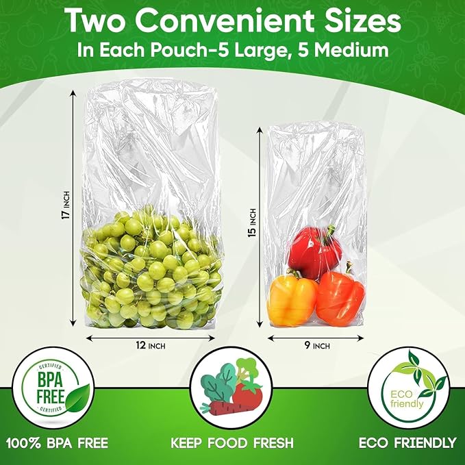 30-Pack (15M, 15L) Reusable Produce Bags for Refrigerator with Twist-Ties | Extend Shelf Life, Keeps Fruits, Vegetables & Herbs Fresh Longer, Reusable Vegetable Bags