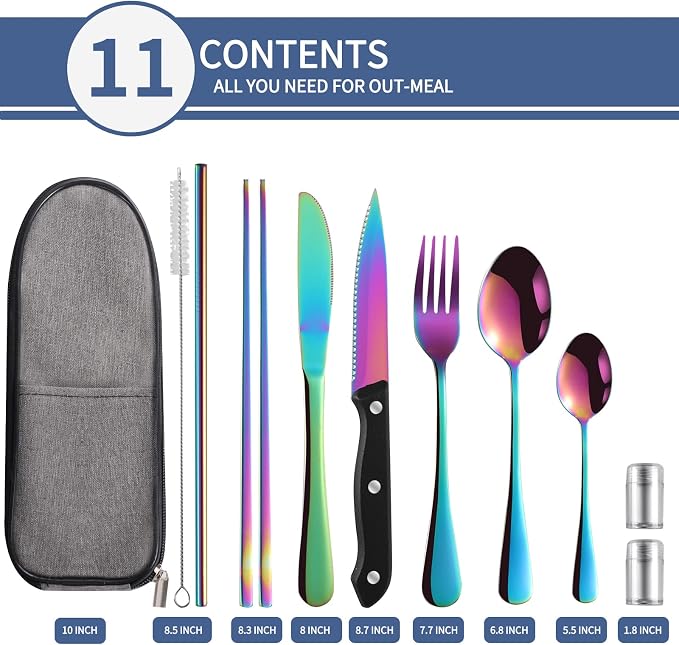 Logcow Travel Utensils Set with Case, 10-Piece Reusable Stainless Steel Camping Cutlery, Portable Fork Spoon Knife Chopsticks & Straw for Work, Lunch, Picnic (Rainbow)