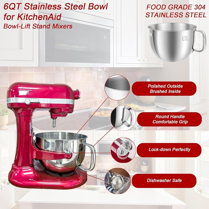 6QT Mixer Bowl for KitchenAid 6QT Bowl Lift Stand Mixers | Food Grade 304 Stainless Steel, Ergonomic Handle, Fit for KitchenAid Professional 600 & Epicurean 6QT Bowl Lift Stand Mixers