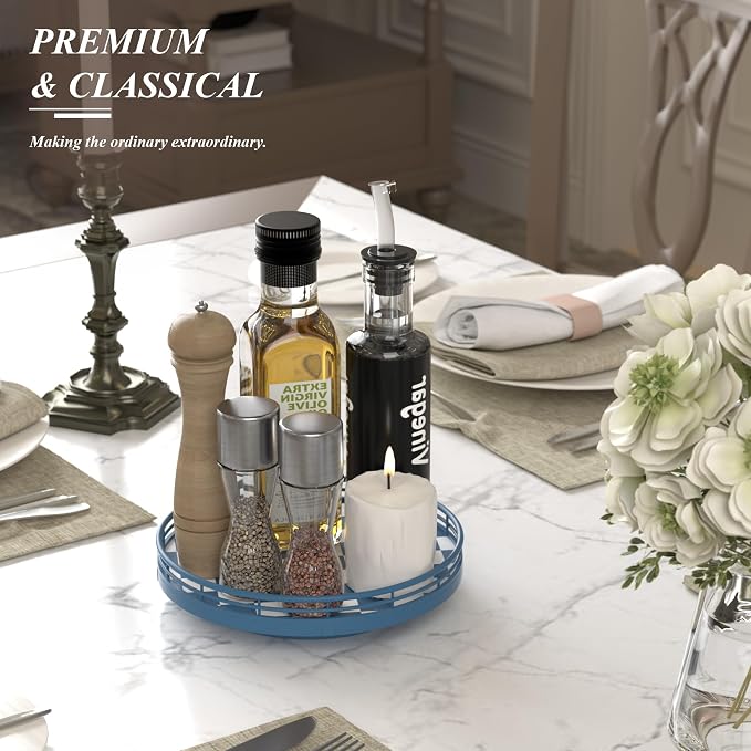 Blue and White Checkerboard Lazy Susan with Rubberwood Base and Metal Rail | Smooth rotating oak tray with walnut finish for dining tables, kitchen counters, pantries and cabinet storage.
