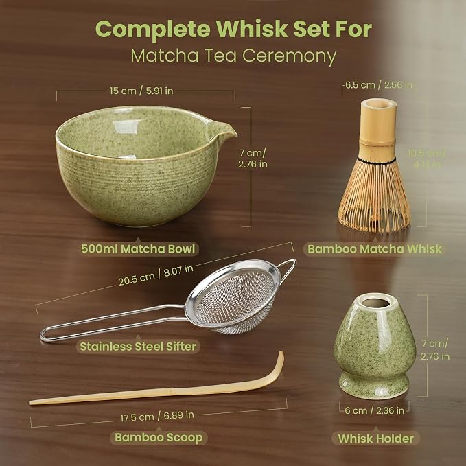 Matcha Whisk Set, Ceramic Bowl Matcha Kit & Handcrafted Bamboo Chasen, Complete 5 Pcs Matcha Set Whisk and Bowl, Stainless Steel Sifter, Bamboo Scoop & Holder for Matcha Lovers | Complete 5 Pcs Matcha Set Whisk and Bowl, Stainless Steel Sifter, Bamboo ...