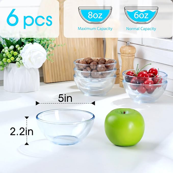 NUTRIUPS 5 Inch Small Glass Bowls Set of 6, 8oz Glass Dessert Bowl Set, Clear Tempered Glass Sauce Bowls for Kitchen Microwave and Oven Safe (5 inch, Set of 6)