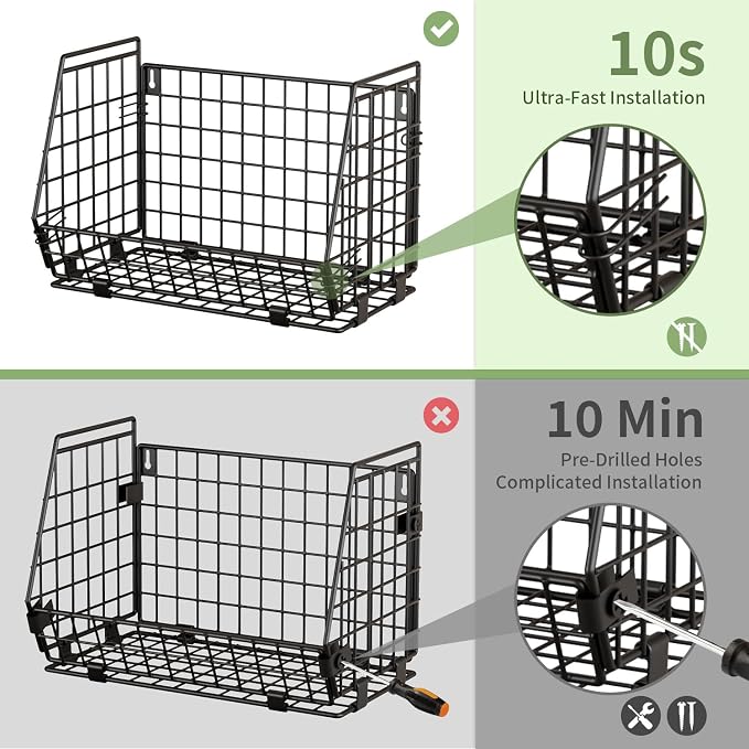 Hanging Fruit Basket for Kitchen, 3 Pack Vegetable Produce Basket | Wood Lid, Wall Mounted & Countertop Wire Storage Basket for Potato Onion Fruits Vegetables, Pantry Organizers Storage