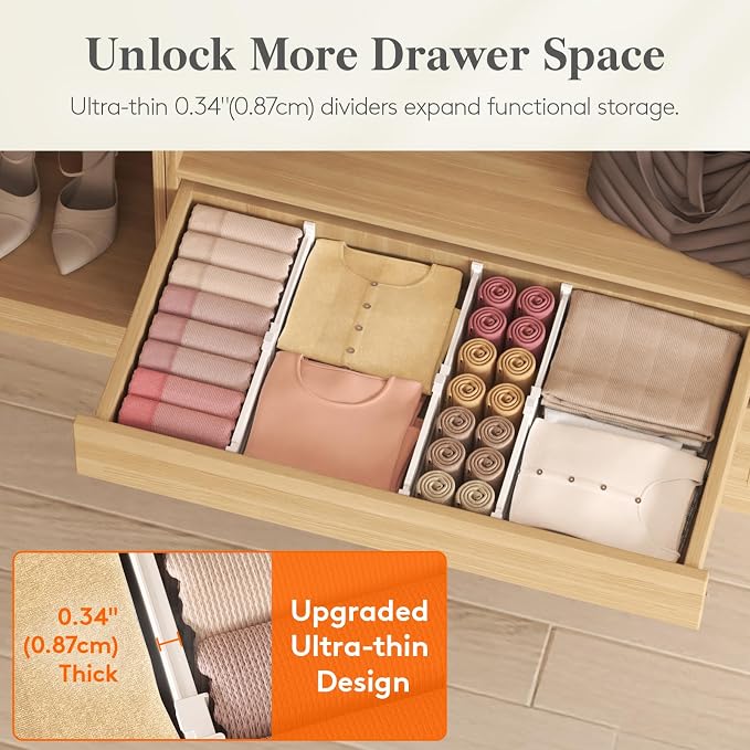 Lifewit 3.2" High Drawer Dividers for Clothes, Adjustable Drawer Organizers | 10.5"-16.5" Expandable Plastic Separator for Dresser, Kitchen, Cabinet, Closet, Nursery, Socks & Underwear Storage, 4 Pack