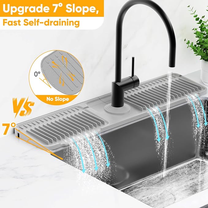 24'' Folding Faucet Mat for Kitchen Sink Splash Guard[7° Slope Fast Self-draining][Snap Lock Fit] Kitchen Sink Faucet Mat Splash Guard Kitchen Sink Area Water Splash Guard Behind Faucet Draining Mat