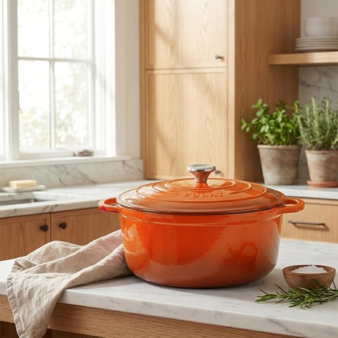 Zulay Kitchen 5 Quart Enameled Cast Iron Dutch Oven Pot with Lid – Premium Durability & Oven Safe up to 500°F – Heavy Duty Cookware Perfect for Bread Baking, Stews, Braising & Roasting – Orange