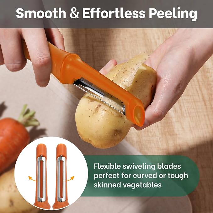 Beneno Swivel Vegetable Peeler, Smooth Peeling Potato Peeler, Orange | Razor-Sharp Stainless Steel Blade, Ergonomic Non-Slip Grip, Built-In Potato Eye Remover, Durable Design for Fruits & Veggies