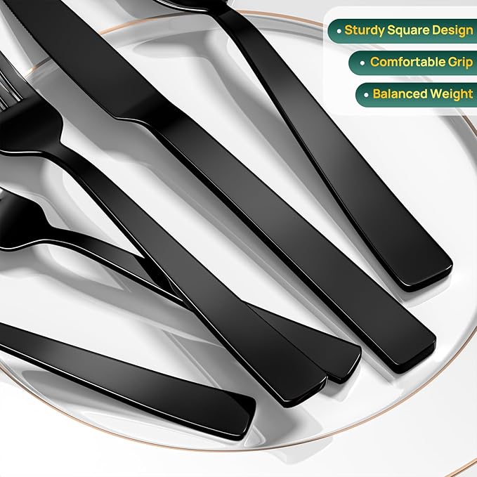 Yoehka 60 Pieces Black Silverware Set, Stainless Steel Flatware Set for 12 | Heavy Duty, Mirror Polished, Includes Knife/Spoon/Fork, For Home, Restaurant, Hotel, Dishwasher Safe