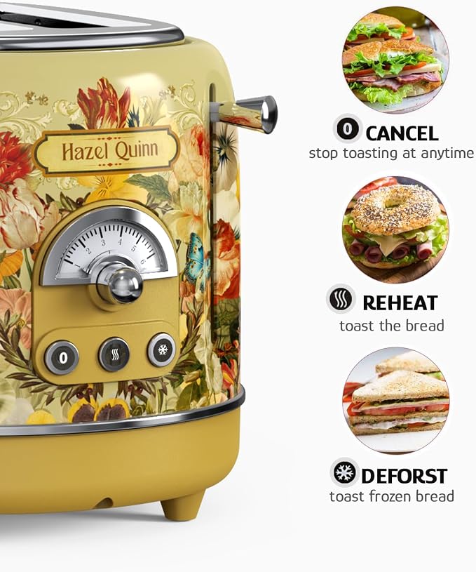 Hazel Quinn X Eduardo Recife 2-Slice Retro Toaster 6 Browning Levels Floral | 3 Functions-Defrost/Reheat/Cancel, Removable Crumb Tray for Easy to Clean 1.5 Inches Extra Wide Slots, Toast Bagels Breakfast