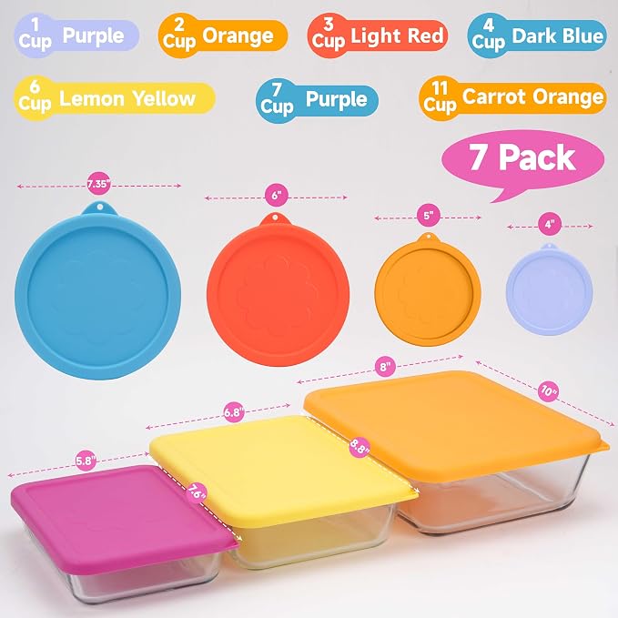 LUVCOSY 1 Cup 2 Cup 3 Cup 4 Cup 6 Cup 7 Cup 11 Cup Round & Rectangle Silicone Storage Cover Lids Replacement for Pyrex Glass Bowls, 7 Pack, Microwave, Dishwasher and Freezer Safe