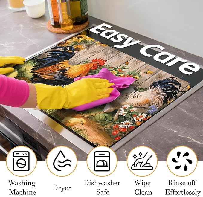 Rooster Stove Top Cover for Electric Stoves,Sumflowers Farmhouse Glass Stove Top Cover for Kitchen Decor,Heat Resistant Cooktop Protector Mat,Non-Slip Washable Dish Drying Mat 28"x20"