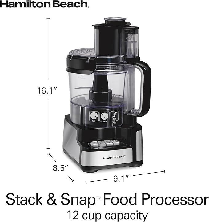 Hamilton Beach 12 Cup Stack & Snap Food Processor and Vegetable Chopper | BPA Free | Stainless Steel Blades | 2-Speed 450 Watt Motor |Easy Stacking Assembly | Black | 70725A