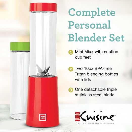 Euro Cuisine MM1R Personal Blender - Compact & Portable Smoothie Blender, Mini Blender Cup for Smoothies, Shakes, Baby Food,Single Serve Blender - Red