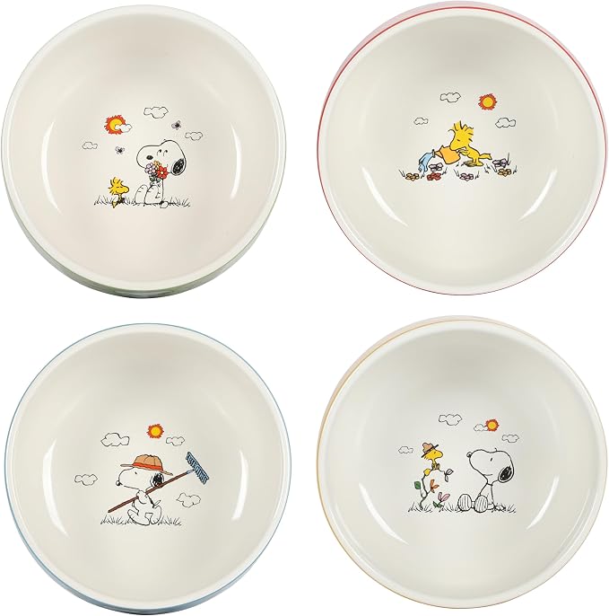 Peanuts Snoopy 5.5-Inch Decorated Stoneware Bowls, Stackable 4-Pack Bowl Set for Cereal, Snacks, or Dessert, Dishwasher & Microwave Safe