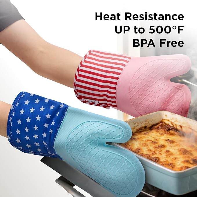 Kitchen Mama UltraShield Silicone Oven Mitts, USA Flag | Heat Resistant, Non-Slip Surface, Waterproof, Flexible, Durable