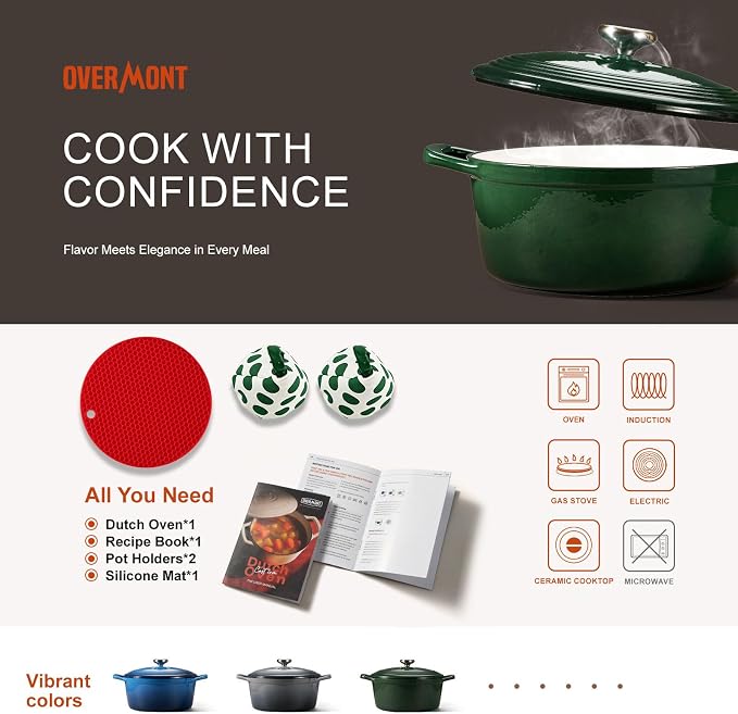 Overmont Enameled Cast Iron Dutch Oven - 5.5QT Pot with Lid Cookbook & Cotton Potholders - Heavy-Duty Cookware for Braising, Stews, Roasting, Bread Baking Bamboo Shadow