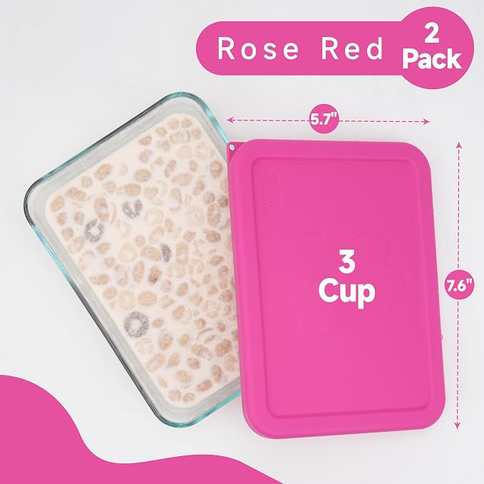 LUVCOSY 3 Cup Rectangle Silicone Storage Cover Lids Replacement for Pyrex 7210-PC Glass Bowls, (Container not Included) 2 Pack, Microwave, Dishwasher and Freezer Safe (Rose Red)