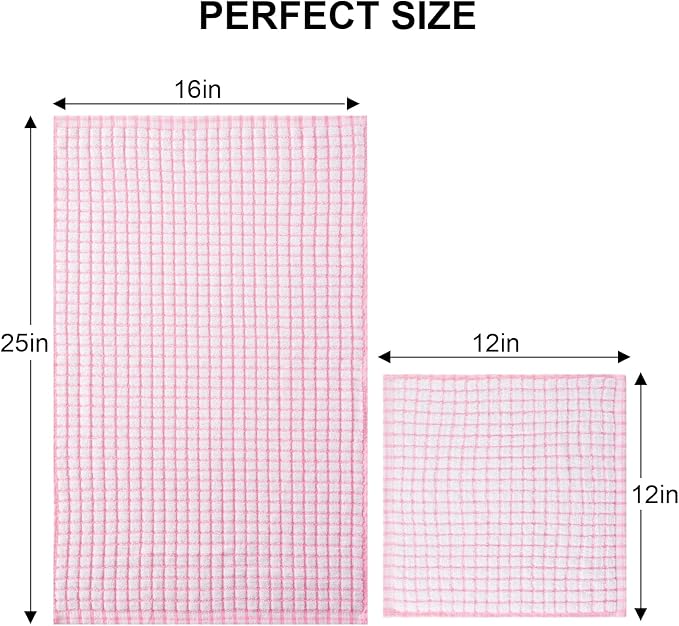 Kitinjoy Cotton 12 Pack Kitchen Towels and Dishcloths Sets, Pink | 16 x 25 Inch & 12 X 12 Inch Dish Towels Bulk, Super Soft and Absorbent hand towels for kitchen Drying