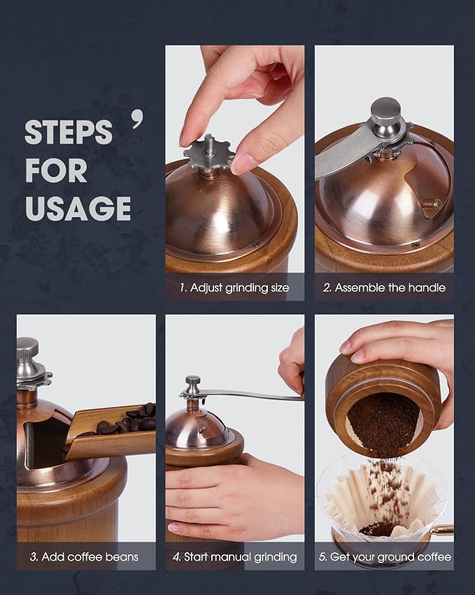 POLIVIAR Manual Coffee Grinder, Coffee Bean Grinder with Adjustable Ceramic Burr, Vintage Style Wooden Hand Coffee Grinder, Large Capacity Burr Coffee Grinder with Brush and Spoon (JX2022-CG20) | Coffee Bean Grinder with Adjustable Ceramic Burr, Vintag...