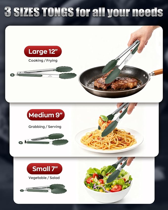 Good Grip Cooking Tongs with Silicone Tips, Set of 3-7" 9" and 12" | 600ºF Heat Resistant, 5-Layer Heavy Duty Stainless Steel, Pull Lock, Non Stick - Kitchen Tongs for Salad, Cooking and Frying