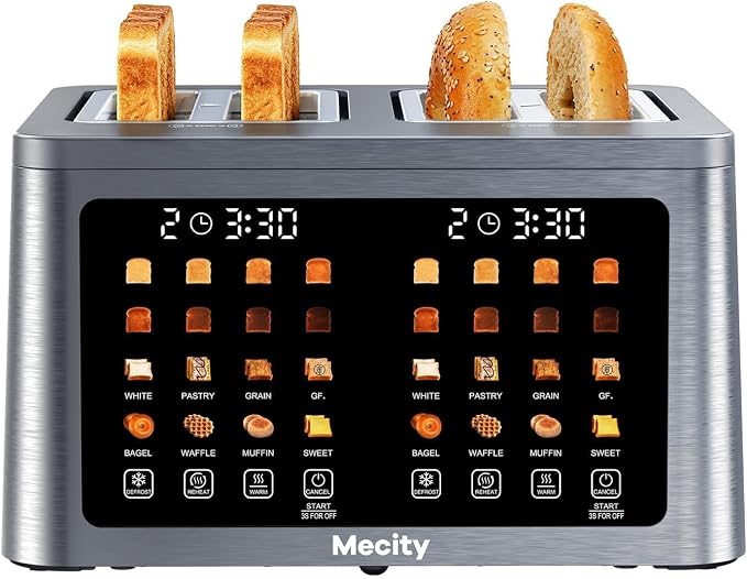 Mecity 4 Slice Toaster Wide Slot, Auto Lift Keep Warm Smart Toaster with Touch Screen, Dual Control Panel, Defrost, Auto Shut Off Digital Toasters for Bagel Muffin Waffle Gluten Free Breads1700W 120V