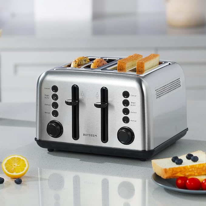 BUYDEEM DT640 4-Slice Toaster, 7 Shade Settings, Extra Wide 1.5’’ Slots for Bagel & English Muffin, 6 Toasting Functions, Retro Stainless Steel Toaster with High Lift Lever, 1800W, Retro Silver