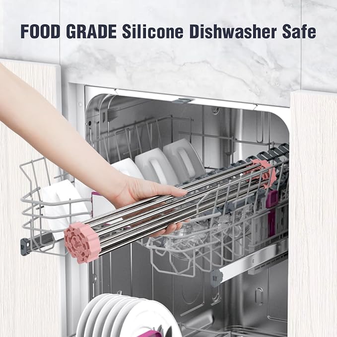 Tomorotec Roll Up Dish Drying Rack Over Sink, 304 Steel, 21x15.5, Pink | Anti-Slip Silicone Rims For Grip, Heat-Resistant Trivet Mat Holding Heavy Cookware, Rustproof Kitchen Counter Space Saver