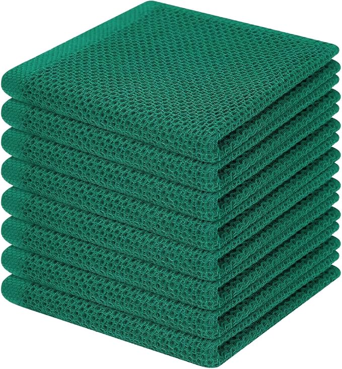Homaxy 100% Cotton Waffle Weave Kitchen Dish Cloths 8-Pack, Dark Green | 12 x 12 Inches, Ultra Soft Absorbent Dish Towels, Quick Drying Dish Rags with Hanging Loop