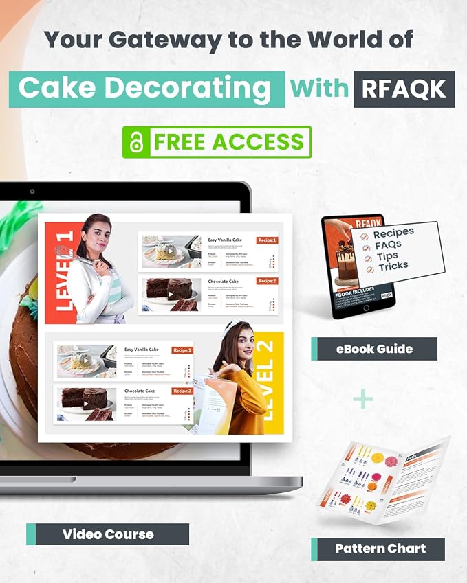 RFAQK 90PCs Cake Decorating Kit with Leveler, Baking Supplies Gift Includes Cake Stand Turntable, 24 Numbered Icing Tips, 55+1 Piping Bags, 2 Frosting Spatulas, 5 Scrappers, Video Course & Booklet